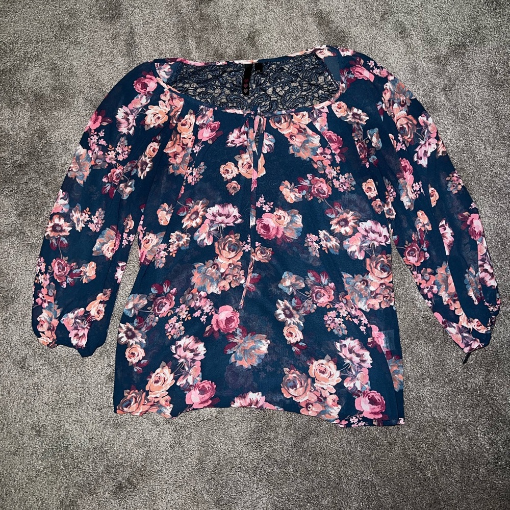 Medium Blue Lace Blouse with Pink Flowers